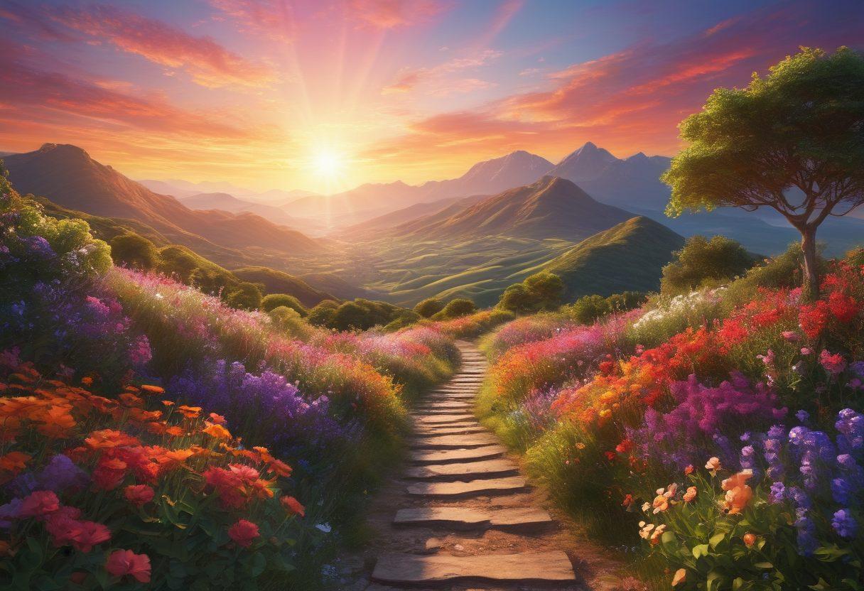 A serene landscape with a person standing on a mountaintop, arms outstretched towards a sky filled with vibrant colors of sunrise, symbolizing joy and transformation. Below, a pathway leads through lush greenery and blooming flowers, representing the journey towards happiness. Elements of light and sparkles surround the person, enhancing the feeling of elation. super-realistic. vibrant colors. 3D.