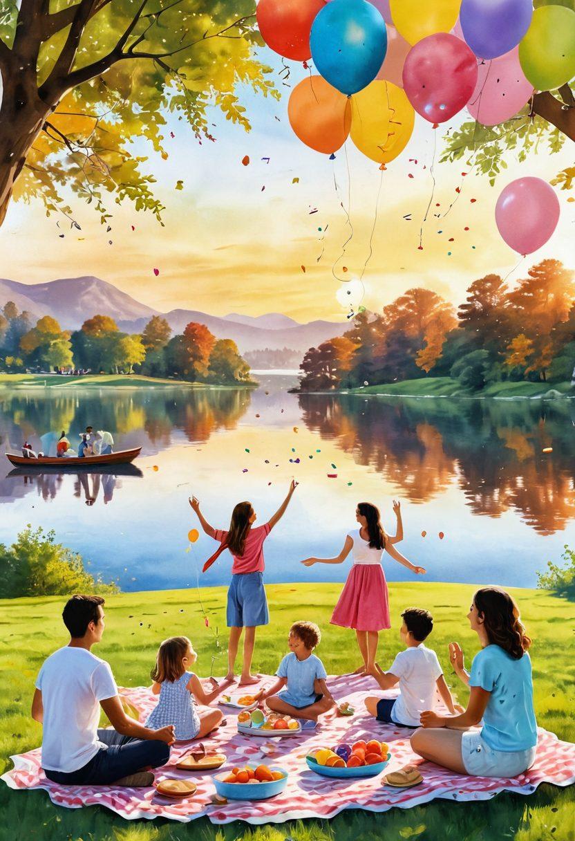 A vibrant collage capturing diverse moments of joy: a family picnic in a sunlit park, friends dancing at a celebration, a serene person meditating by a lake, children laughing with balloons, and a couple enjoying a sunset. Each scene radiates warmth and happiness, with bright colors emphasizing positivity and well-being. Include playful elements like confetti and smiling faces. watercolor style. bright colors. playful composition.