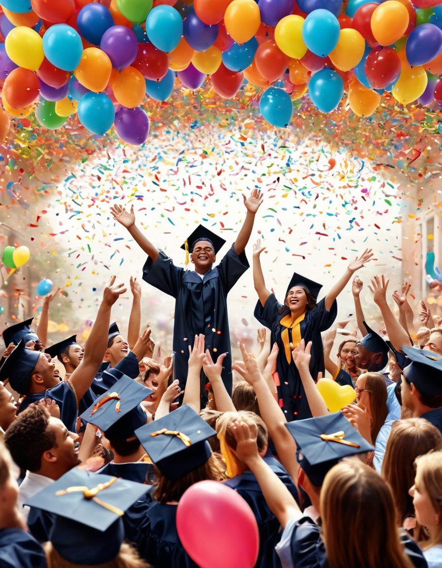 An exuberant scene capturing diverse individuals from various backgrounds joyfully sharing moments of success, such as a graduation celebration, a promotion announcement, or a reunion. The backdrop features vibrant confetti and colorful balloons, symbolizing celebration and elation. Expressions of joy and connection fill the atmosphere, with rays of sunlight illuminating their happiness. super-realistic. vibrant colors. 3D.